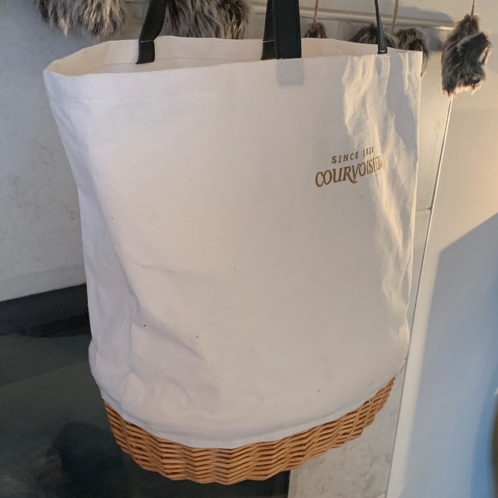 NEW Courvoisier Tote Bag with a White Canvas Body and a Woven Wicker Base